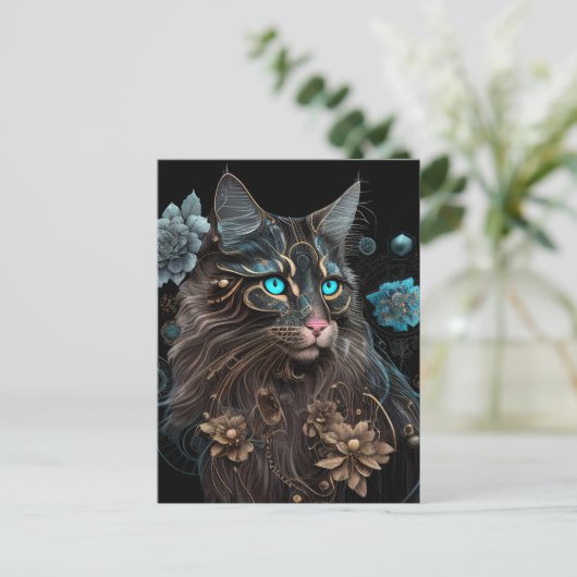 Magic Steampunk Maine Coon cat and Blume Kunst Postkarte (Stehend Vorderseite)