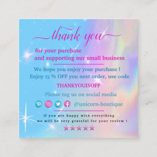 Magic Unicorn danke Quadratische Visitenkarte (Rückseite)