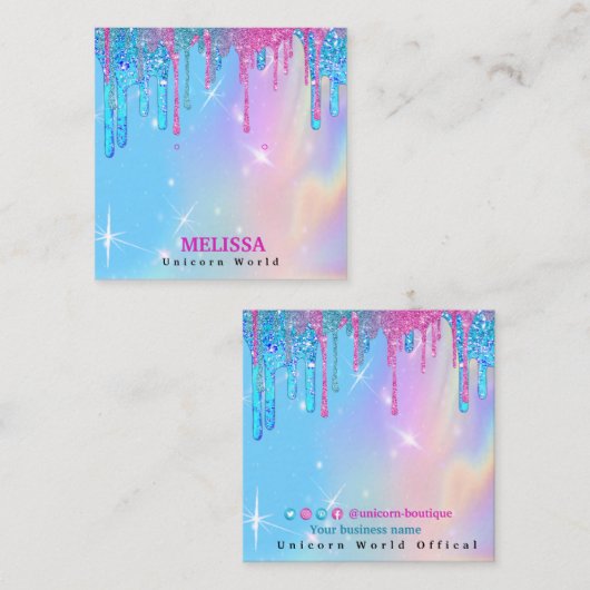 Magic Unicorn Holographic Glitzer Tropfen Quadratische Visitenkarte (Vorne/Hinten)