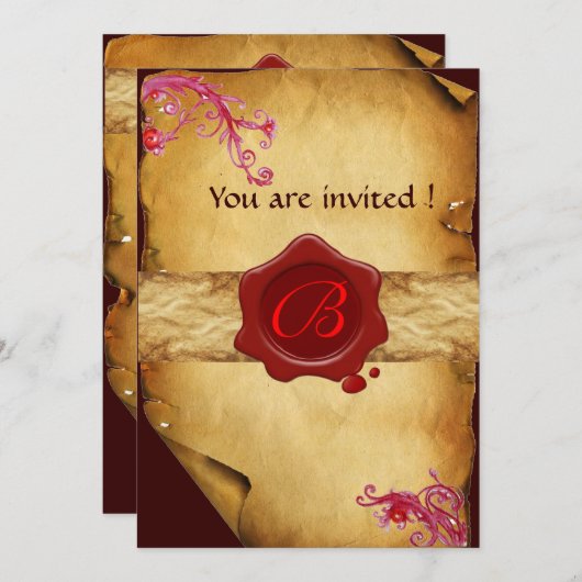 MAGIC WIRBEL PARCHMENT UND ROTES WAX SIEGEL MONOGR EINLADUNG (Vorne/Hinten)
