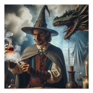 Magic Wizard Dragon Fantasy Art Poster