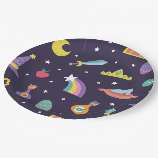 MAGIC WIZARD FAIRD TALE ELEMENTE Blau Hintergrund Pappteller (Schrägansicht)