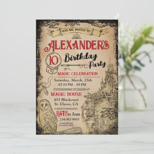 Magic Wizard Geburtstagsfeier Einladung (Stehend Vorderseite)