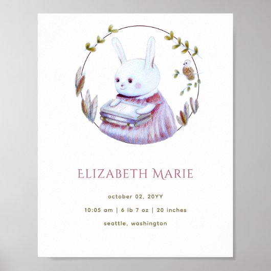 Magic Woodland Books Bunny Girl Birth Stats Poster (Vorne)