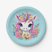 Magical Baby Unicorn mit Blume Pappteller (Vorderseite)