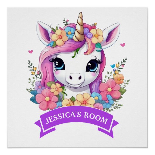 Magical Baby Unicorn mit Blume Poster (Vorderseite)