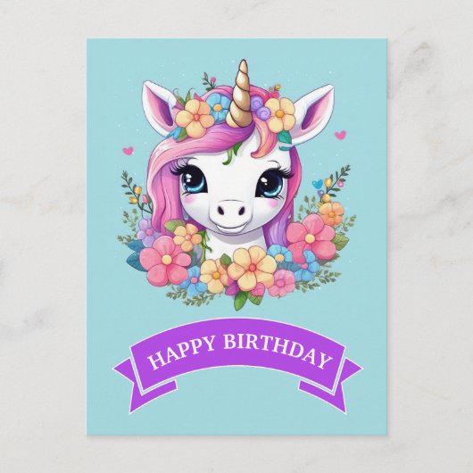 Magical Baby Unicorn mit Blume Postkarte (Vorderseite)