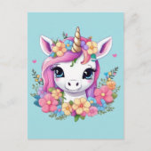 Magical Baby Unicorn mit Blume Postkarte (Vorderseite)