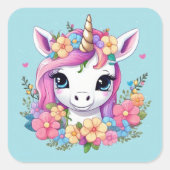 Magical Baby Unicorn mit Blume Quadratischer Aufkleber (Vorderseite)