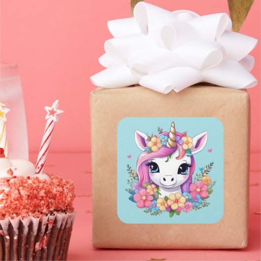 Magical Baby Unicorn mit Blume Quadratischer Aufkleber (Party)
