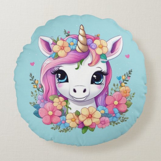 Magical Baby Unicorn mit Blume Rundes Kissen (Vorderseite)