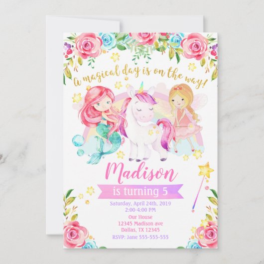 Magical Birthday Einladung Unicorn Fairy Meerjungf (Vorderseite)