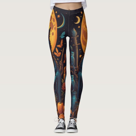 Magical Black Cat Witch Halloween Leggings (Vorderseite)