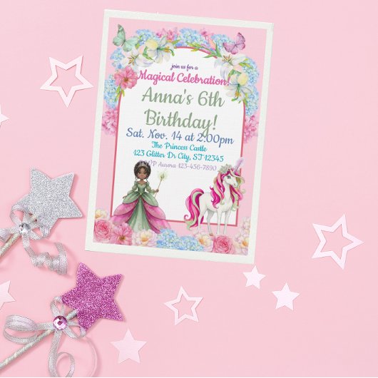 Magical Black Princess Unicorn Birthday Einladung