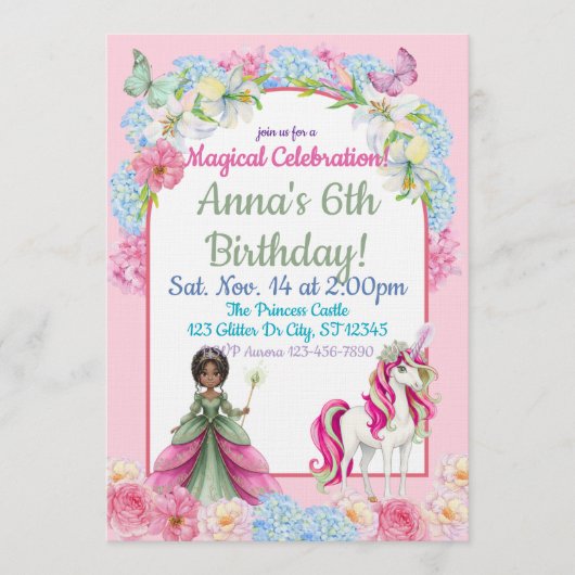 Magical Black Princess Unicorn Birthday Einladung (Vorderseite)