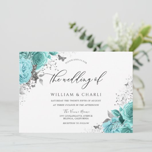 Magical Blue Aquamarin Aqua Rose Hochzeit Einladung (Stehend Vorderseite)