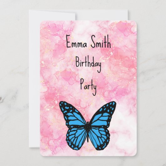 Magical blue butterfly pink glitter art dankeskarte (Vorderseite)