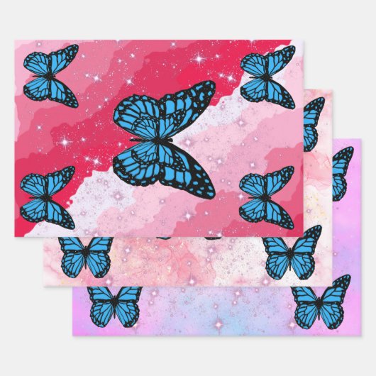 Magical blue butterfly pink glitter art geschenkpapier set (Set)