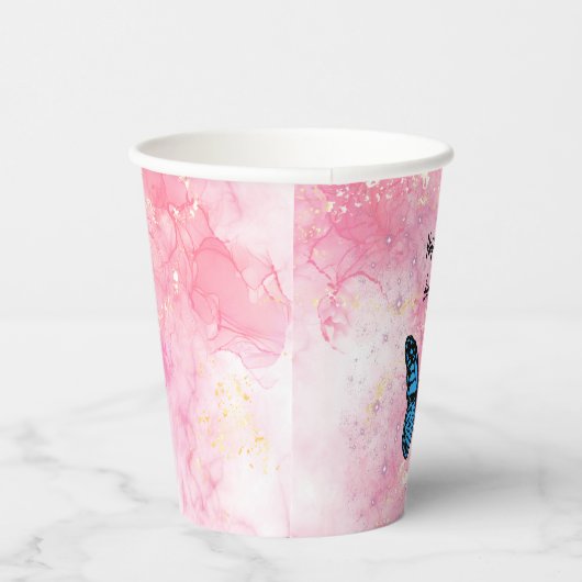 Magical blue butterfly pink glitter art pappbecher (Rechts)