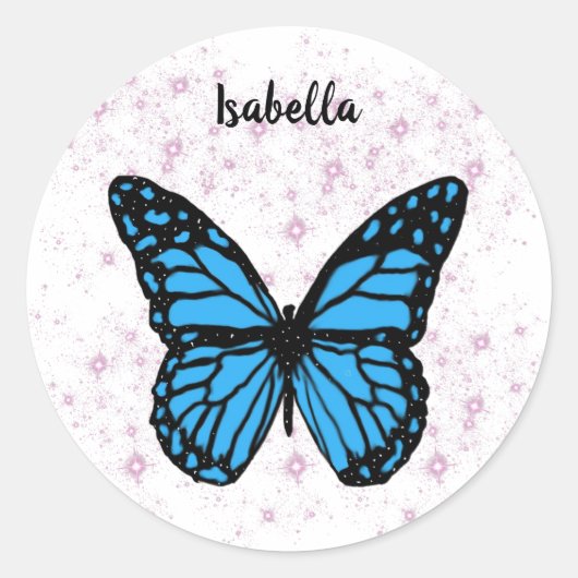 Magical blue butterfly pink glitter art runder aufkleber (Vorderseite)