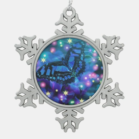 Magical Blue Butterfly Schneeflocken Zinn-Ornament (Vorderseite)