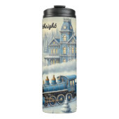 Magical Blue Christmas Train Moonlit Scene Thermosbecher (Vorderseite)