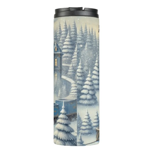 Magical Blue Christmas Train Moonlit Scene Thermosbecher (Rückseite)