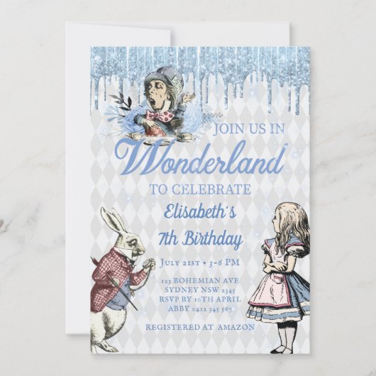 Magical Blue Ice Alice im Wunderland Party Einladung (Vorderseite)