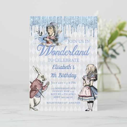 Magical Blue Ice Alice im Wunderland Party Einladung (Stehend Vorderseite)