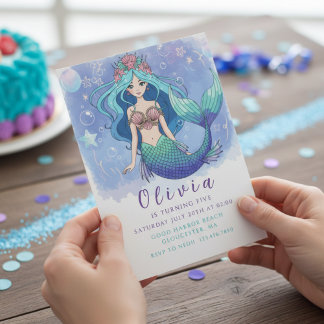Magical Blue & Purple Mermaid Birthday Party  Einladung