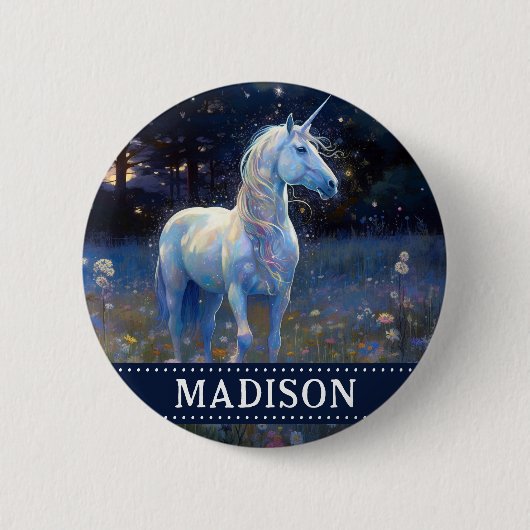 Magical Blue Unicorn Button mit Individuelle Name (Vorderseite)