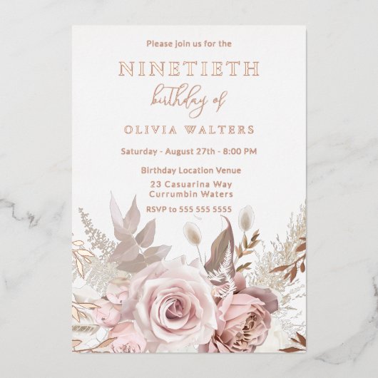 Magical Blush & Rose Floral 90th Birthday Folieneinladung (Vorderseite)