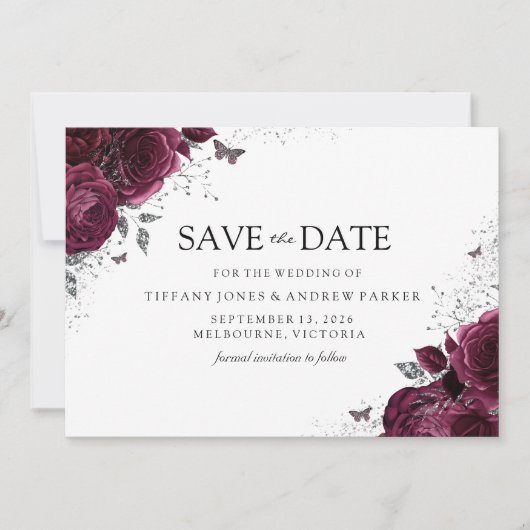 Magical Burgundy Maroon Rose Blumenhochzeit Save The Date (Vorderseite)