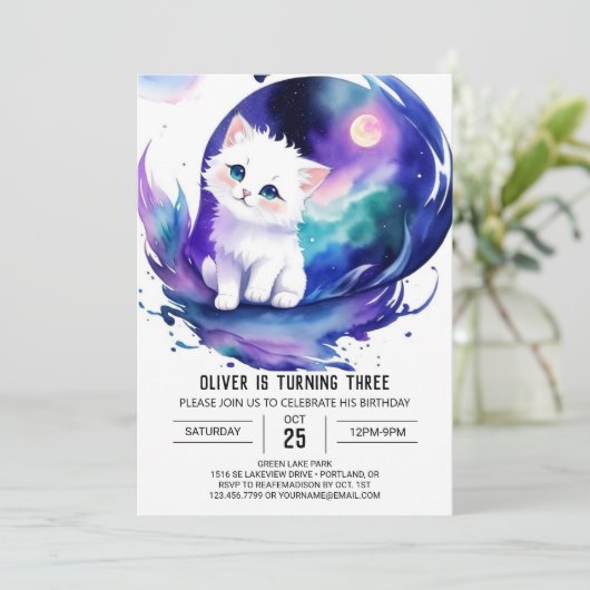 Magical Cat Boho Birthday Einladung (Stehend Vorderseite)