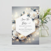 Magical Chic White Roses Wedding Save The Date (Stehend Vorderseite)
