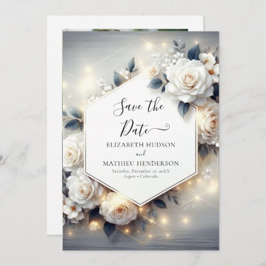 Magical Chic White Roses Wedding Save The Date (Vorne/Hinten)
