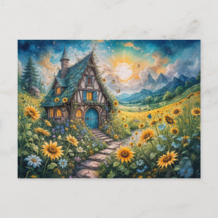 Magical Cottage with Sunflower Field Postkarte