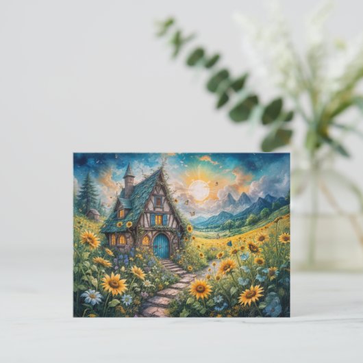 Magical Cottage with Sunflower Field Postkarte (Stehend Vorderseite)