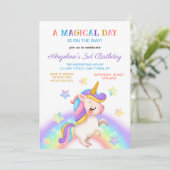 Magical Day Rainbow Stars Unicorn Birthday  Einladung (Stehend Vorderseite)