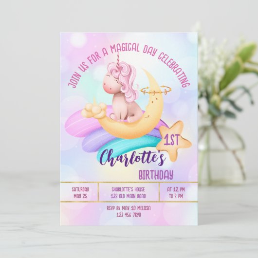 Magical day rainbow unicorn birthday party invite einladung (Stehend Vorderseite)