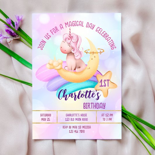 Magical day rainbow unicorn birthday party invite einladung