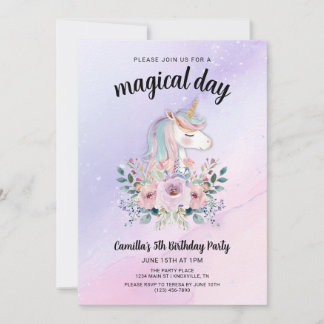 Magical Day Unicorns and Flowers Birthday Party Einladung