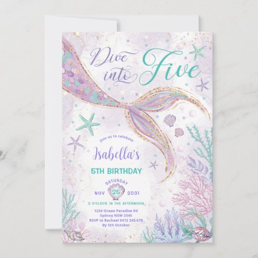 Magical Dive into Five Mermaid 5th Birthday Party Einladung (Vorderseite)