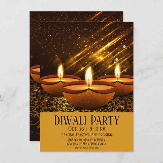 Magical Diwali Diyas mit Glitzern Einladung (Vorne/Hinten)