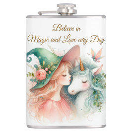 Magical Drinkware Witch Unicorn Watercolor Art Flachmann