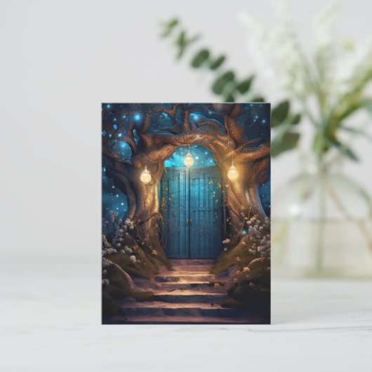 Magical Enchanted Fantasy Forest Old Blue Door Postkarte (Stehend Vorderseite)