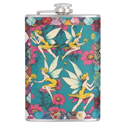 Magical Fairies And Floral Hexagon Patchwork Flachmann (Vorderseite)