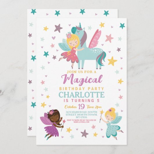 Magical Fairy Birthday Party Wands Pegasus Einladung (Vorne/Hinten)