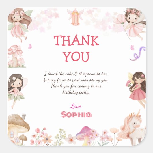 Magical Fairy First Birthday Thank You cards  Quadratischer Aufkleber (Vorderseite)