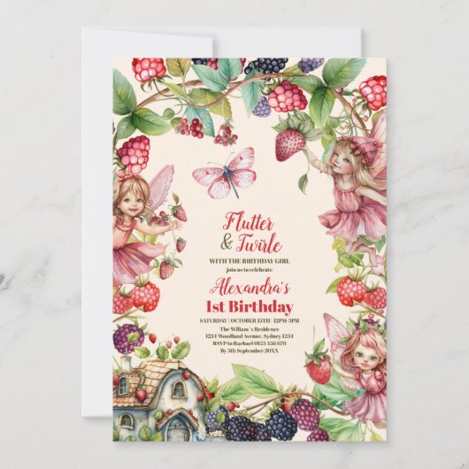 Magical Fairy Strawberry Garden Pixie 1. Geburtsta Einladung (Vorderseite)